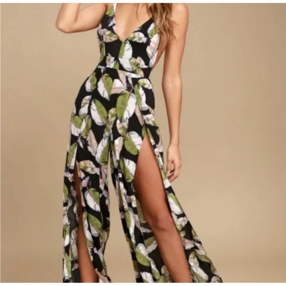 Lulu San Tropez floral jumpsuit wide legs w front slits & open strap back sz XS - Picture 2 of 14